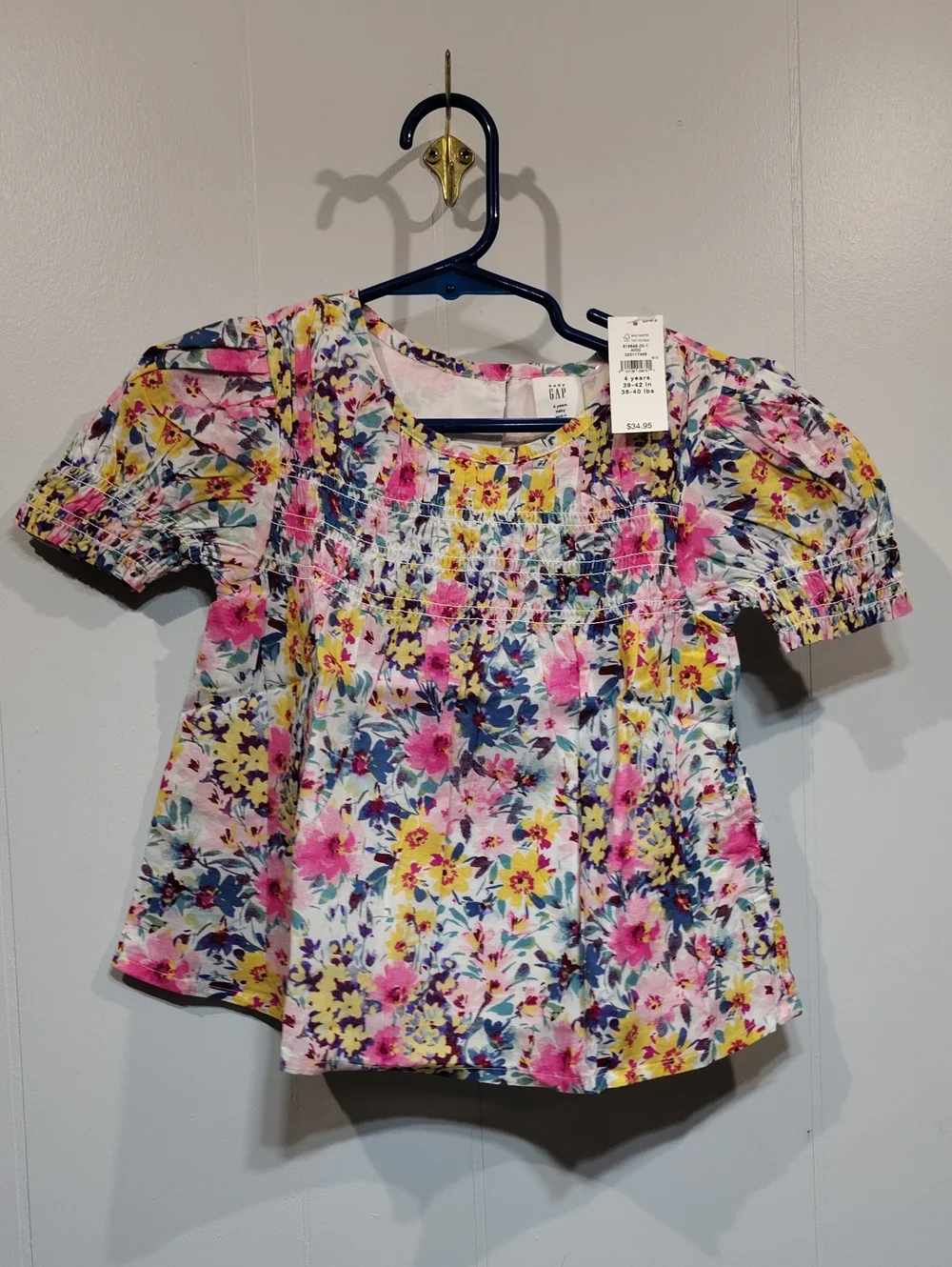 GAP Floral Smocked Short Sleeve Top - Pink & Yellow